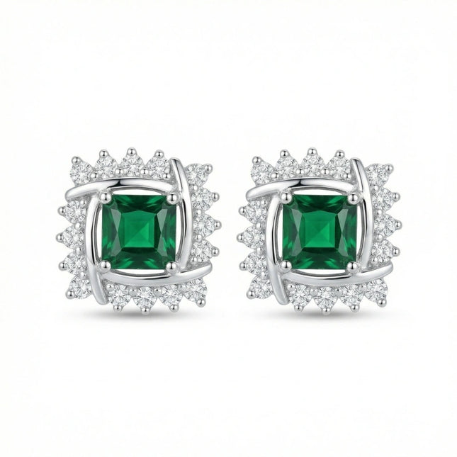 925 Sterling Silver Elegant Square Green Emerald Stud Earrings with Interlocking Diamond Halo Design - JewelryODM