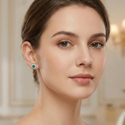 925 Sterling Silver Elegant Square Green Emerald Stud Earrings with Interlocking Diamond Halo Design - JewelryODM