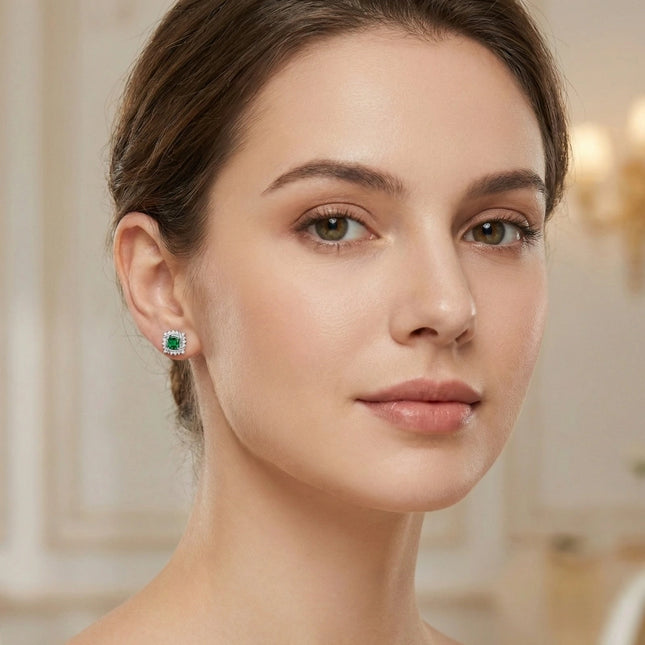 925 Sterling Silver Elegant Square Green Emerald Stud Earrings with Interlocking Diamond Halo Design - JewelryODM