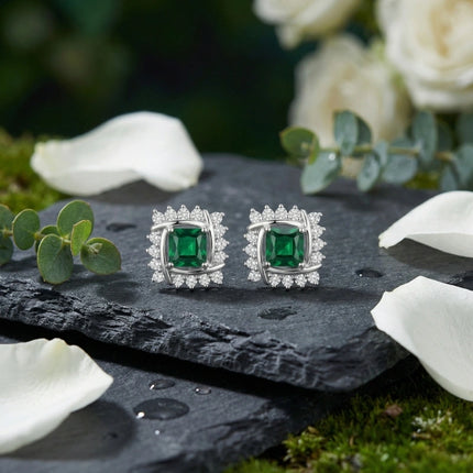 925 Sterling Silver Elegant Square Green Emerald Stud Earrings with Interlocking Diamond Halo Design - JewelryODM