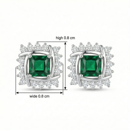 925 Sterling Silver Elegant Square Green Emerald Stud Earrings with Interlocking Diamond Halo Design - JewelryODM