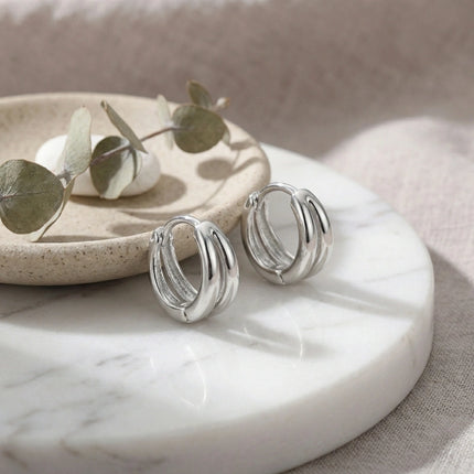 925 Sterling Silver Elegant Silver Triple Band Huggie Hoop Earrings - Minimalist Jewelry for Women - JewelryODM