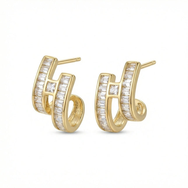 925 Sterling Silver Elegant Baguette-Cut Clear Stone Geometric Double Hoop Earrings for Women - JewelryODM