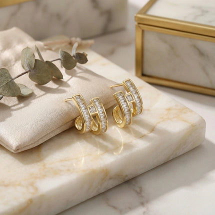 925 Sterling Silver Elegant Baguette-Cut Clear Stone Geometric Double Hoop Earrings for Women - JewelryODM