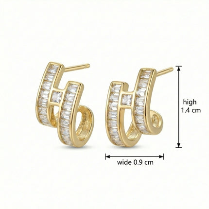 925 Sterling Silver Elegant Baguette-Cut Clear Stone Geometric Double Hoop Earrings for Women - JewelryODM