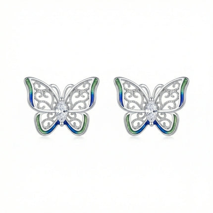 925 Sterling Silver Elegant Sterling Silver Butterfly Stud Earrings with Blue-Green Enamel and Marquise Zirconia Centers - JewelryODM