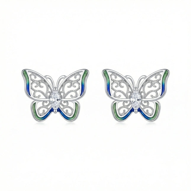 925 Sterling Silver Elegant Sterling Silver Butterfly Stud Earrings with Blue-Green Enamel and Marquise Zirconia Centers - JewelryODM