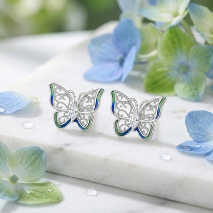 925 Sterling Silver Elegant Sterling Silver Butterfly Stud Earrings with Blue-Green Enamel and Marquise Zirconia Centers - JewelryODM