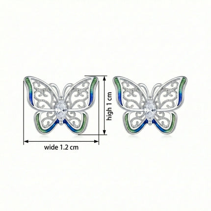 925 Sterling Silver Elegant Sterling Silver Butterfly Stud Earrings with Blue-Green Enamel and Marquise Zirconia Centers - JewelryODM