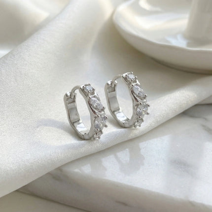 925 Sterling Silver Elegant Silver Hoop Earrings with Sparkling Marquise and Round Cubic Zirconia Gemstones - JewelryODM