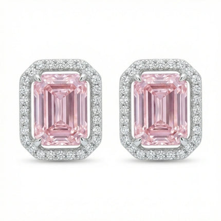 925 Sterling Silver Elegant Radiant Cut Halo Stud Earrings in Sparkling White Rhodium Finish - JewelryODM