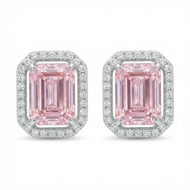 925 Sterling Silver Elegant Radiant Cut Halo Stud Earrings in Sparkling White Rhodium Finish - JewelryODM