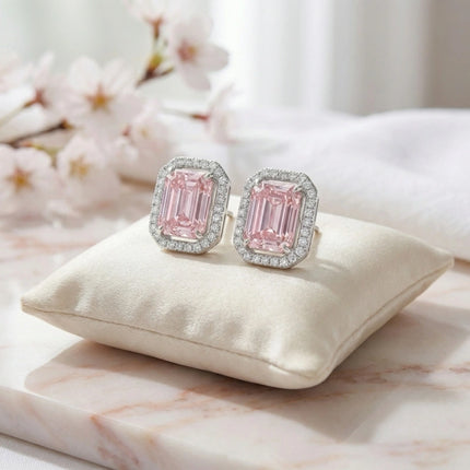 925 Sterling Silver Elegant Radiant Cut Halo Stud Earrings in Sparkling White Rhodium Finish - JewelryODM