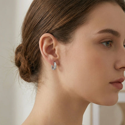 925 Sterling Silver Elegant Sterling Silver Textured Huggie Hoop Earrings with Polished Borders - JewelryODM