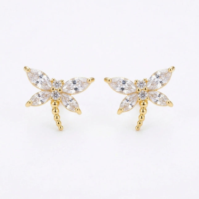 925 Sterling Silver Elegant Sparkling Marquise Crystal Dragonfly Stud Earrings in Radiant Gilded Finish - JewelryODM