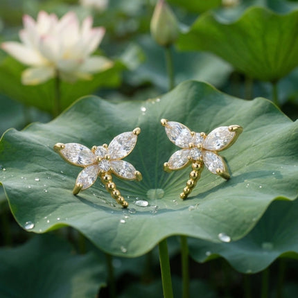 925 Sterling Silver Elegant Sparkling Marquise Crystal Dragonfly Stud Earrings in Radiant Gilded Finish - JewelryODM