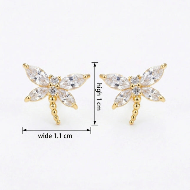 925 Sterling Silver Elegant Sparkling Marquise Crystal Dragonfly Stud Earrings in Radiant Gilded Finish - JewelryODM