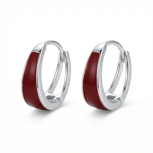 925 Sterling Silver Elegant Sterling Silver Huggie Hoop Earrings with Deep Red Enamel Inlay - JewelryODM