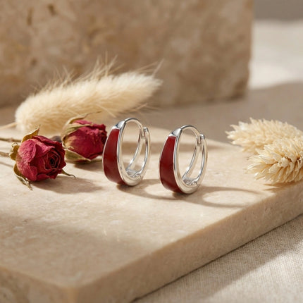 925 Sterling Silver Elegant Sterling Silver Huggie Hoop Earrings with Deep Red Enamel Inlay - JewelryODM