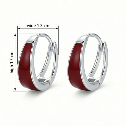 925 Sterling Silver Elegant Sterling Silver Huggie Hoop Earrings with Deep Red Enamel Inlay - JewelryODM