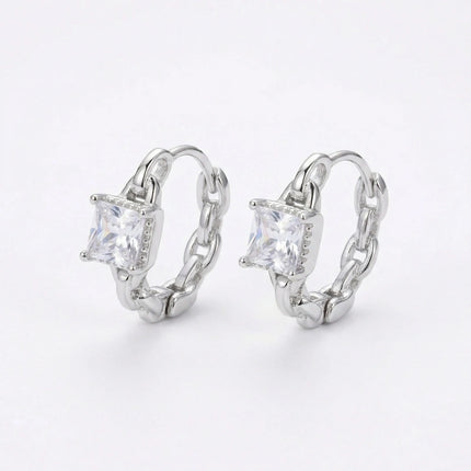 925 Sterling Silver Elegant Silver Chain Link Huggie Hoop Earrings with Square-Cut Cubic Zirconia Gemstones - JewelryODM