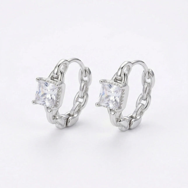 925 Sterling Silver Elegant Silver Chain Link Huggie Hoop Earrings with Square-Cut Cubic Zirconia Gemstones - JewelryODM