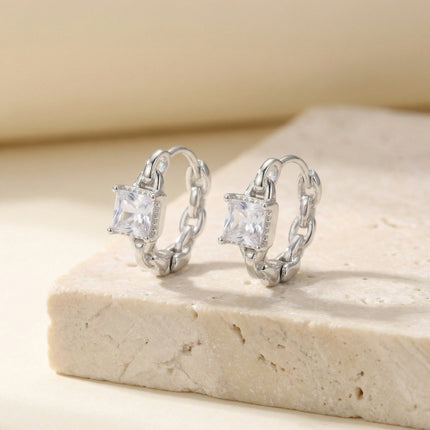 925 Sterling Silver Elegant Silver Chain Link Huggie Hoop Earrings with Square-Cut Cubic Zirconia Gemstones - JewelryODM