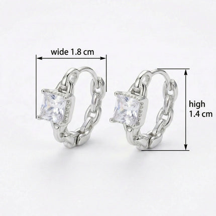 925 Sterling Silver Elegant Silver Chain Link Huggie Hoop Earrings with Square-Cut Cubic Zirconia Gemstones - JewelryODM