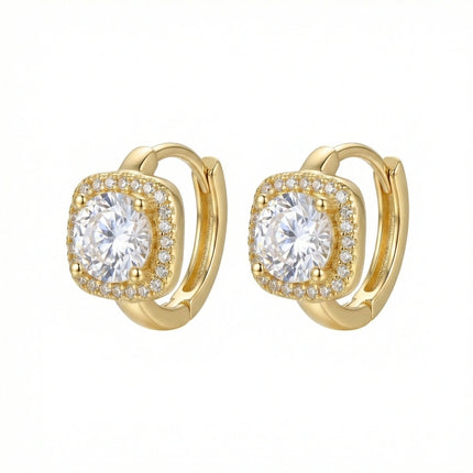925 Sterling Silver Elegant Square Halo Huggie Hoop Earrings Featuring Radiant Round Center Stones and Sparkling Accents - JewelryODM