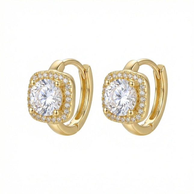 925 Sterling Silver Elegant Square Halo Huggie Hoop Earrings Featuring Radiant Round Center Stones and Sparkling Accents - JewelryODM