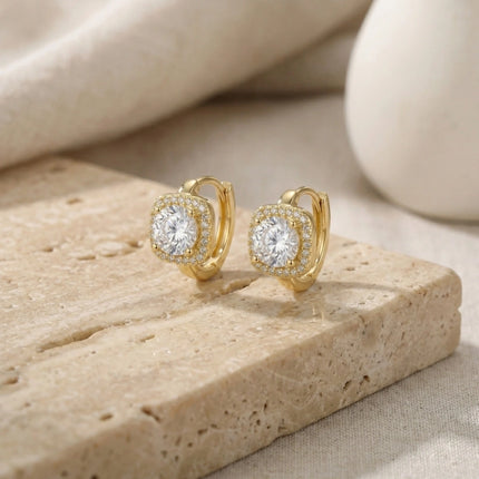 925 Sterling Silver Elegant Square Halo Huggie Hoop Earrings Featuring Radiant Round Center Stones and Sparkling Accents - JewelryODM