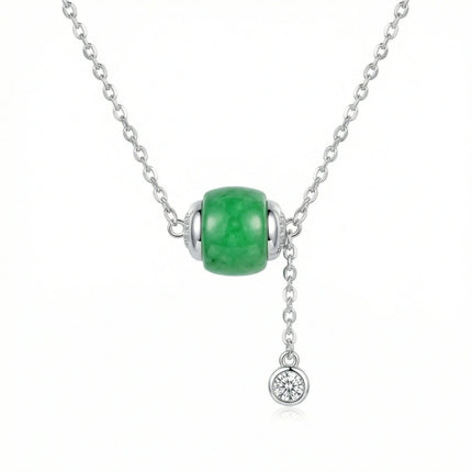 925 Sterling Silver Elegant Green Jadeite Barrel Necklace with Sparkling Crystal Drop Accent - JewelryODM