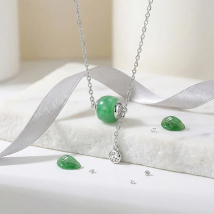 925 Sterling Silver Elegant Green Jadeite Barrel Necklace with Sparkling Crystal Drop Accent - JewelryODM