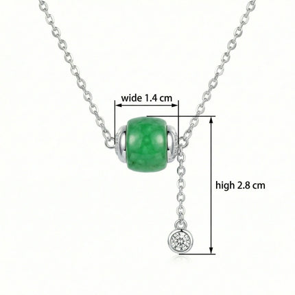 925 Sterling Silver Elegant Green Jadeite Barrel Necklace with Sparkling Crystal Drop Accent - JewelryODM