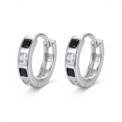 925 Sterling Silver Sterling Silver Huggie Hoop Earrings with Alternating Black and Clear Square Cubic Zirconia Stones - JewelryODM