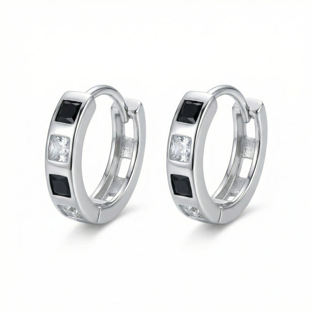 925 Sterling Silver Sterling Silver Huggie Hoop Earrings with Alternating Black and Clear Square Cubic Zirconia Stones - JewelryODM