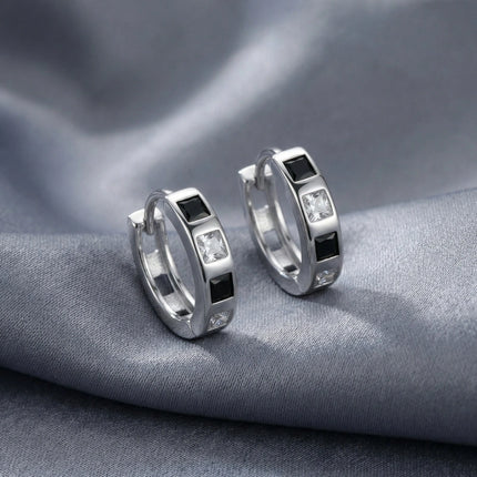 925 Sterling Silver Sterling Silver Huggie Hoop Earrings with Alternating Black and Clear Square Cubic Zirconia Stones - JewelryODM