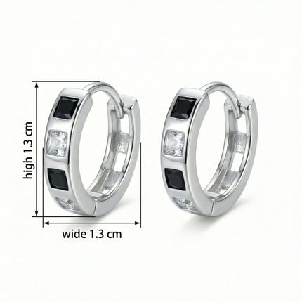 925 Sterling Silver Sterling Silver Huggie Hoop Earrings with Alternating Black and Clear Square Cubic Zirconia Stones - JewelryODM