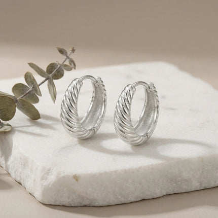 925 Sterling Silver Elegant Silver Twisted Croissant Hoop Earrings with Hinged Closure - JewelryODM