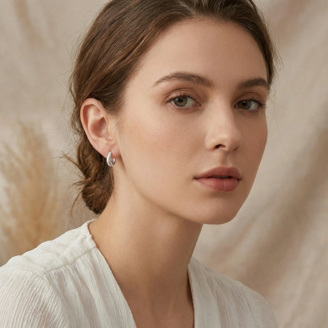 925 Sterling Silver Elegant Silver Twisted Croissant Hoop Earrings with Hinged Closure - JewelryODM
