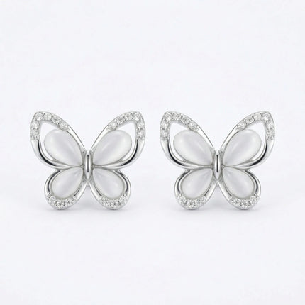 925 Sterling Silver Elegant Mother of Pearl and Sparkling Crystal Butterfly Stud Earrings in Sterling Silver - JewelryODM