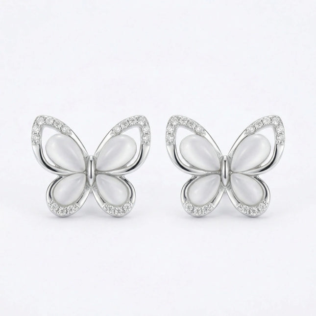 925 Sterling Silver Elegant Mother of Pearl and Sparkling Crystal Butterfly Stud Earrings in Sterling Silver - JewelryODM