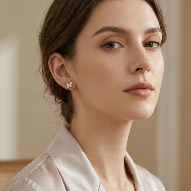 925 Sterling Silver Elegant Mother of Pearl and Sparkling Crystal Butterfly Stud Earrings in Sterling Silver - JewelryODM