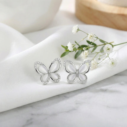 925 Sterling Silver Elegant Mother of Pearl and Sparkling Crystal Butterfly Stud Earrings in Sterling Silver - JewelryODM