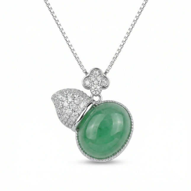 925 Sterling Silver Elegant Green Jadeite and Diamond Wu Lou Gourd Pendant Necklace - JewelryODM
