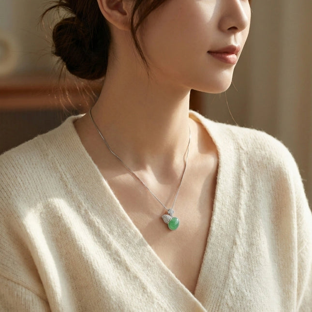 925 Sterling Silver Elegant Green Jadeite and Diamond Wu Lou Gourd Pendant Necklace - JewelryODM