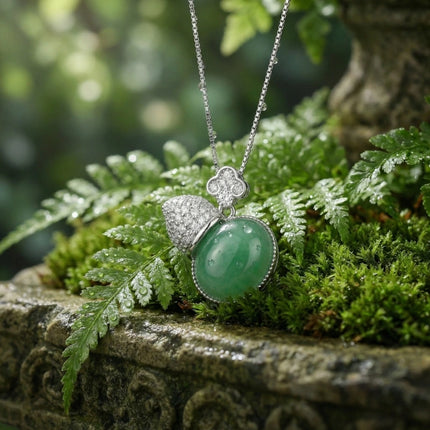 925 Sterling Silver Elegant Green Jadeite and Diamond Wu Lou Gourd Pendant Necklace - JewelryODM