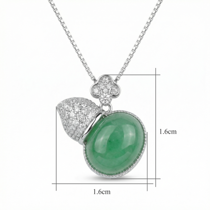 925 Sterling Silver Elegant Green Jadeite and Diamond Wu Lou Gourd Pendant Necklace - JewelryODM
