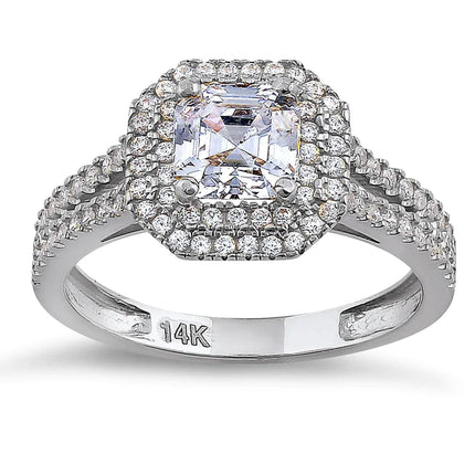 14K White Gold Asscher Cut Double Halo CZ Engagement Ring