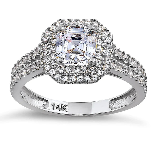 14K White Gold Asscher Cut Double Halo CZ Engagement Ring